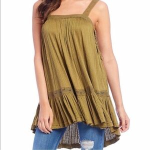 🌿 Free People Boho Lace Trim Tunic Tank Dress Olive Green Medium